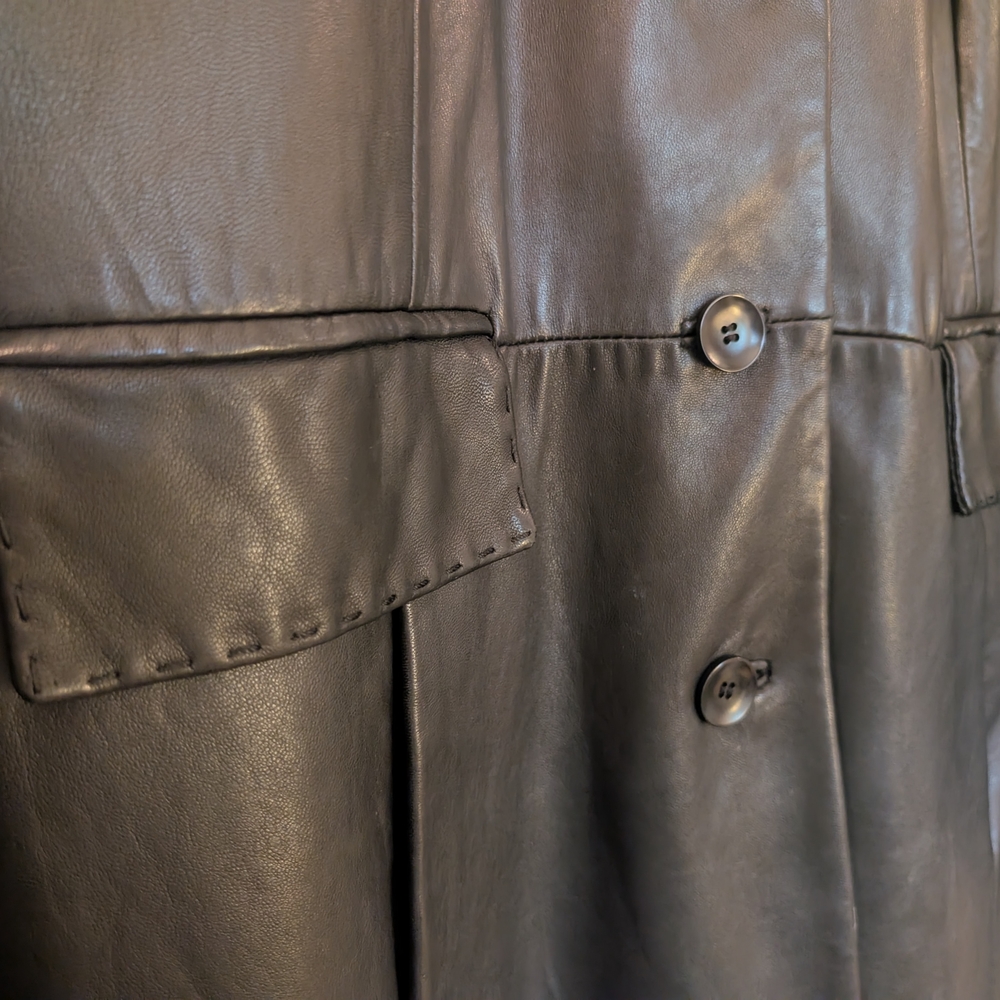 90s Black Leather Coat Midi Coat - Picture 4 of 12
